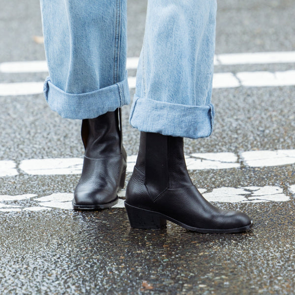 vintage chelsea pull on bootie italian full grain black polished leather chic modern