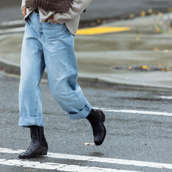 vintage chelsea pull on bootie italian full grain black polished leather street style jeans