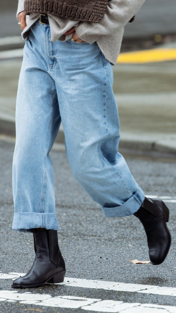 vintage chelsea pull on bootie italian full grain black polished leather street style jeans