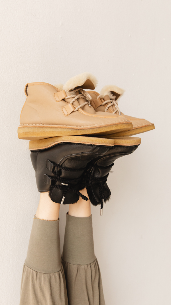 black leather lace up shearling moccasin boot crepe sole premium tan