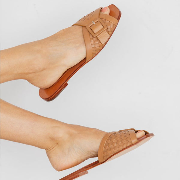 either or woven buckle slide sandal vintage handmade tan natural dress event wedding beach vacation