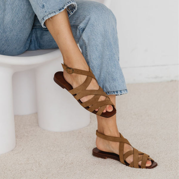 either or criss cross minimal slide sandal moss taupe suede square toe