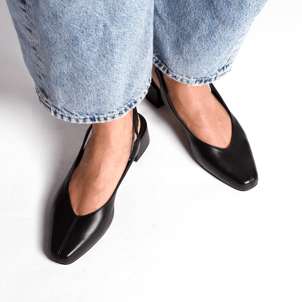 minimalist slingback block heeled pump in black italian leather square stitched toe