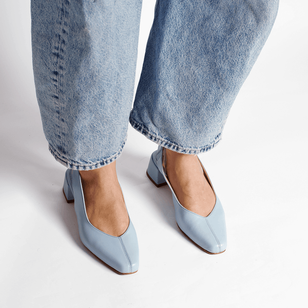 minimalist slingback block heeled pump in sky baby blue leather handmade