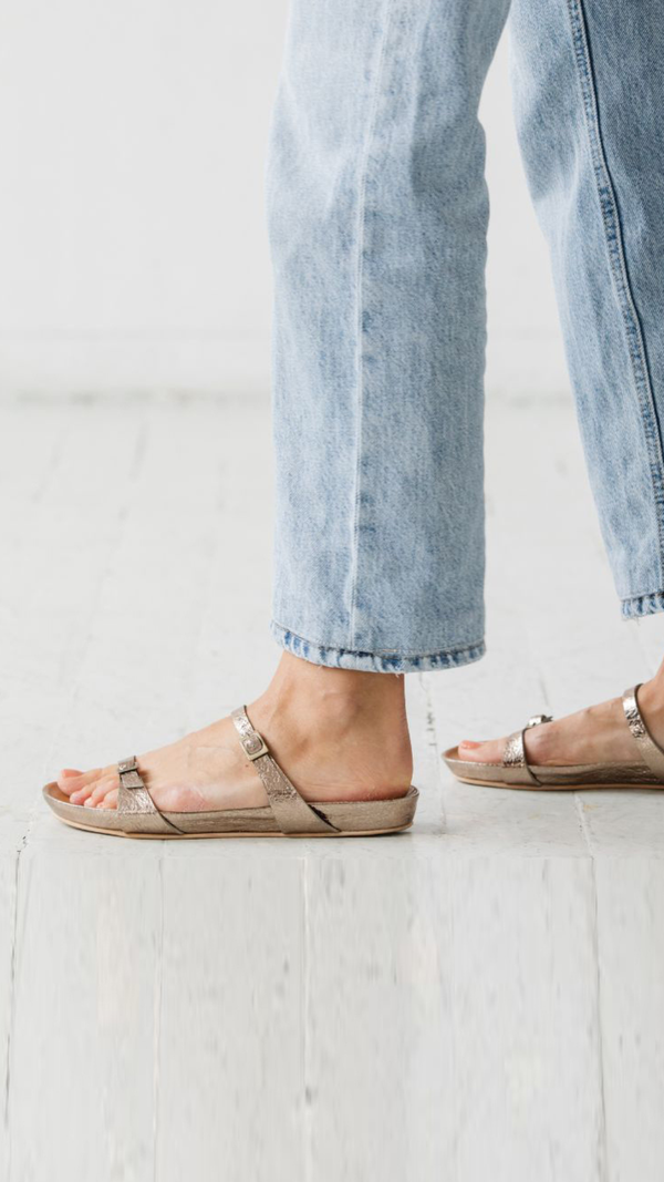 Metallic cork footbed sandal minimalist two buckle strap slide
