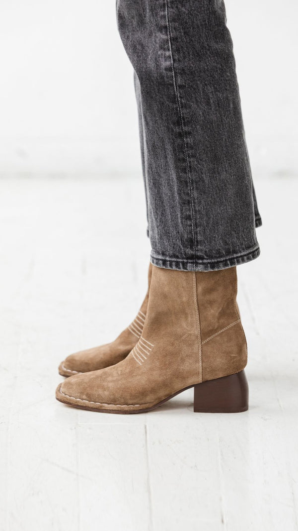 west boot taupe moss suede block heel western square toe mid boot artisan made