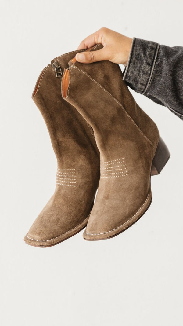 west boot taupe moss suede block heel western square toe mid boot handmade