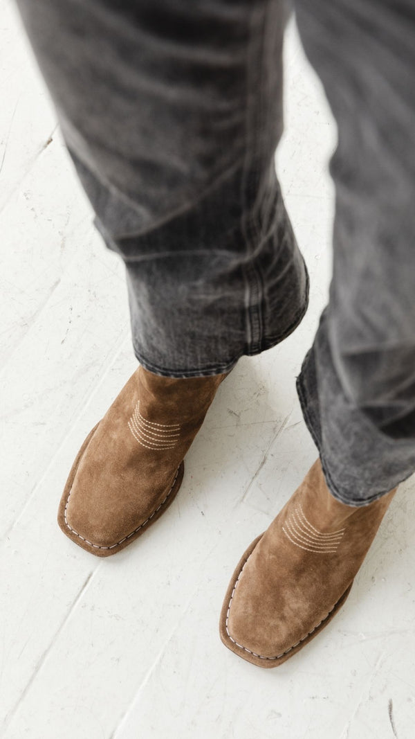 west boot taupe moss suede block heel western square toe mid boot hand stitched