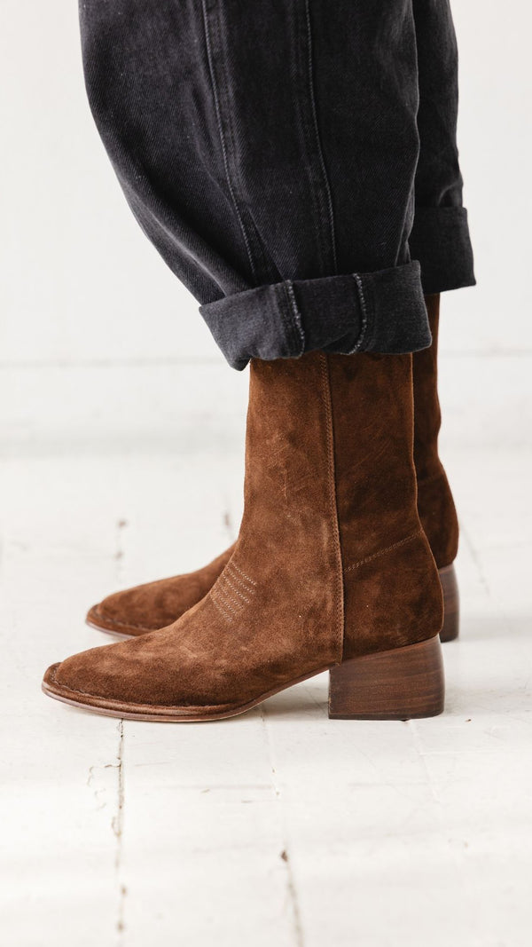 west boot brown chocolate suede block heel western square toe mid boot side view