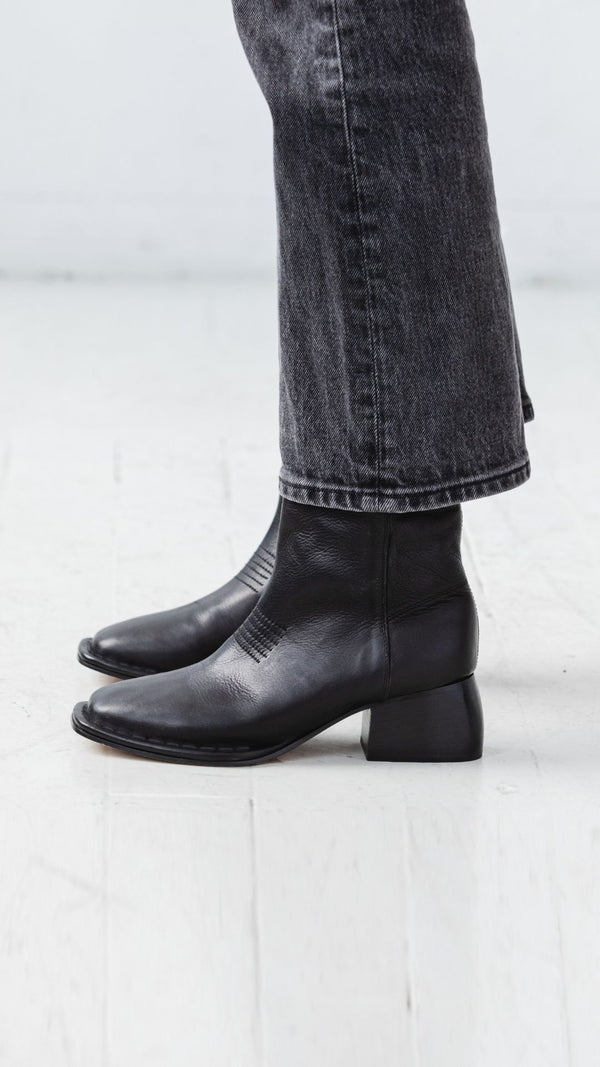 west boot taupe tumbled black leather block heel western square toe mid boot moto inspired