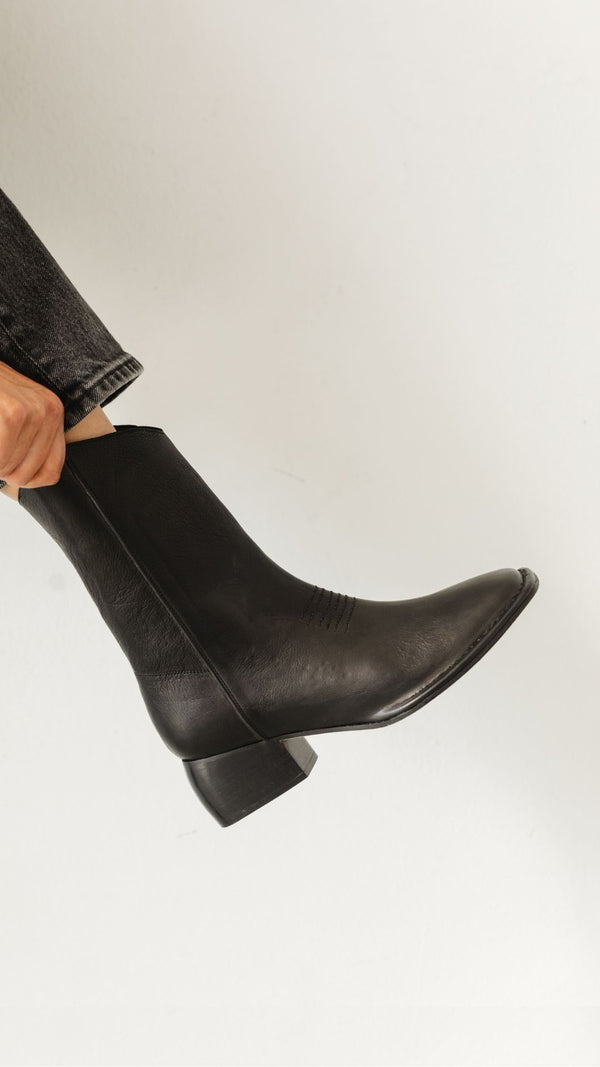 west boot taupe tumbled black leather block heel western square toe mid boot side view