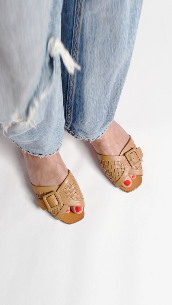 either or woven buckle slide sandal vintage handmade tan natural dress event square toe