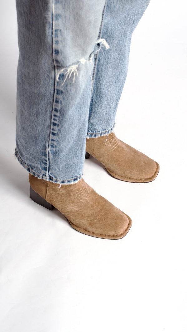 west boot tobacco tan suede on the foot top down