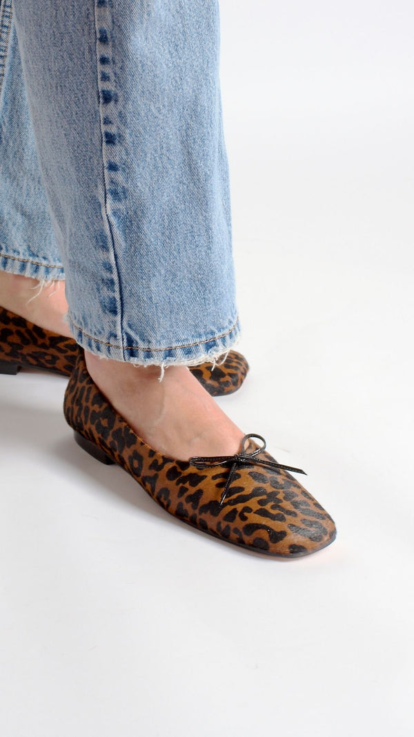demi ballet flat leopard calf hair comfy square toe with bow top view bow
