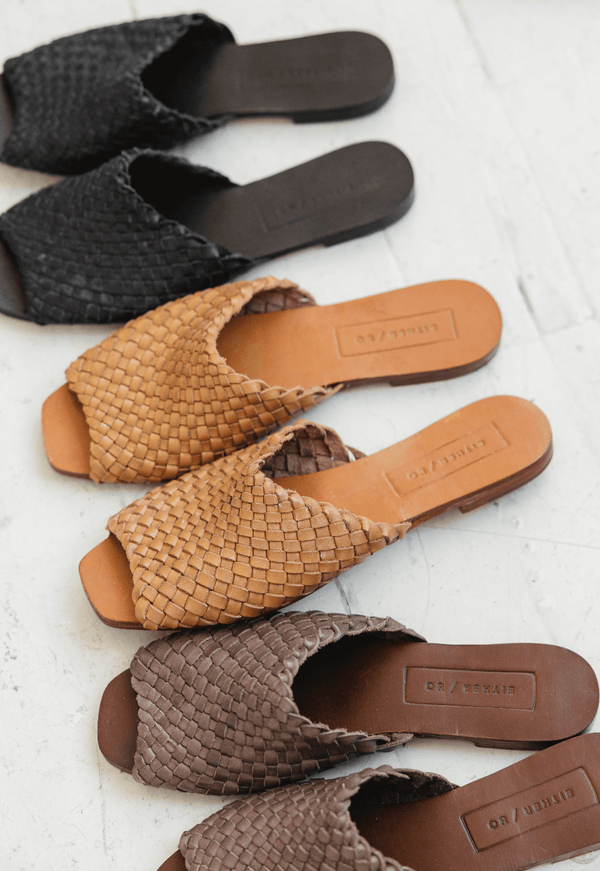 either or woven slide sandal umber brown leather tan nude beach vacation