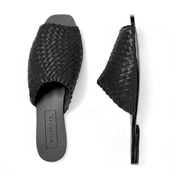 either or woven slide black leather handmade huarache slip on product view