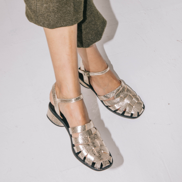 fisher low block heel buckle strap sandal comfortable metallic leather close up