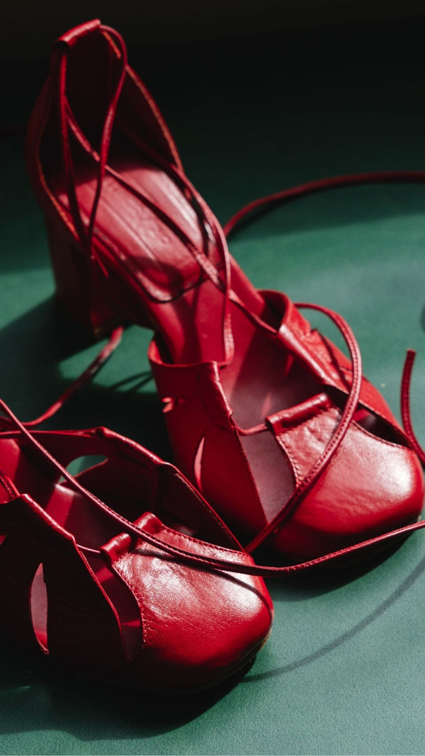 demi lace up red leather heel bow tie cage statement sandal
