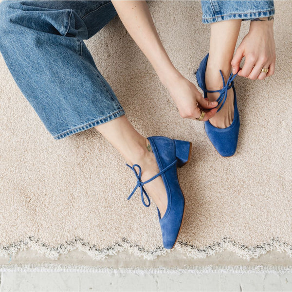 heeled ballet snipped square toe block heel bow tie royal blue suede lace up