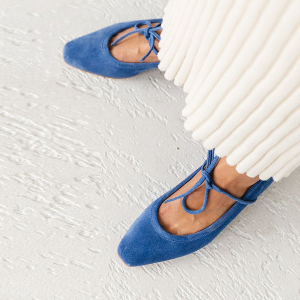 heeled ballet snipped square toe block heel bow tie royal blue suede vintage inspired
