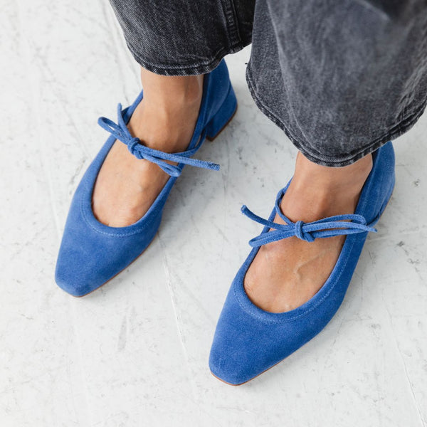 heeled ballet snipped square toe block heel bow tie royal blue suede detail