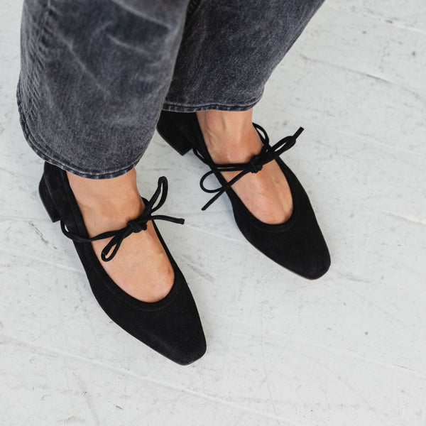 heeled ballet snipped square toe block heel bow tie black suede comfortable