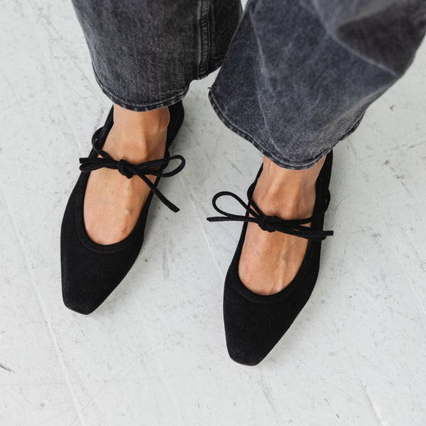 heeled ballet snipped square toe block heel bow tie black suede dressy casual