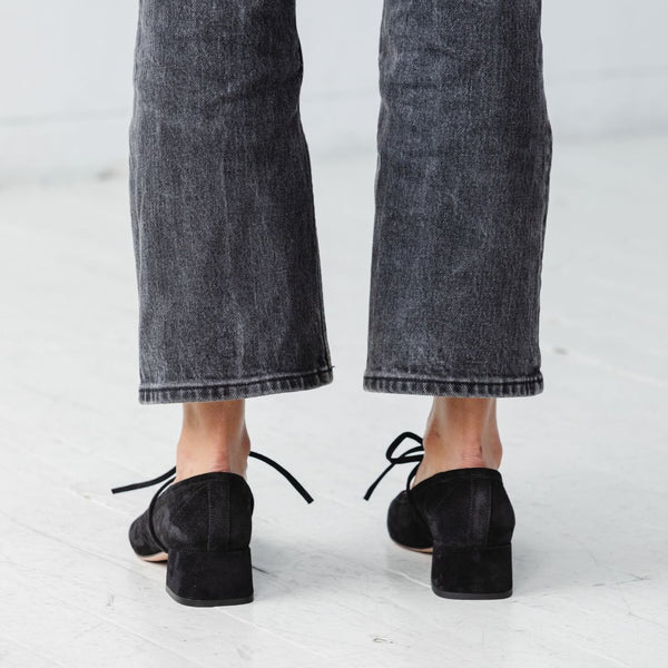 heeled ballet snipped square toe block heel bow tie black suede wedding event