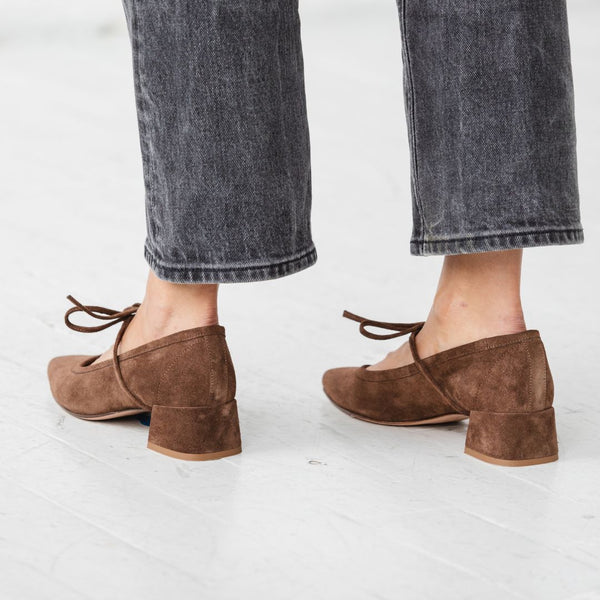 heeled ballet snipped square toe block heel bow tie chocolate brown suede summer wedding event