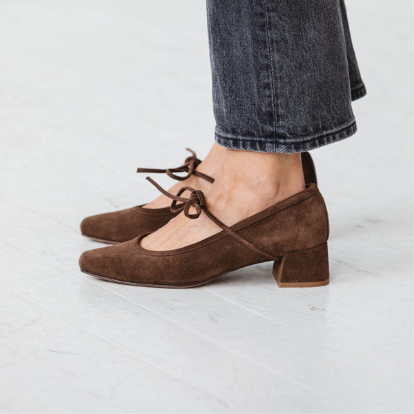 heeled ballet snipped square toe block heel bow tie chocolate brown suede heel shape