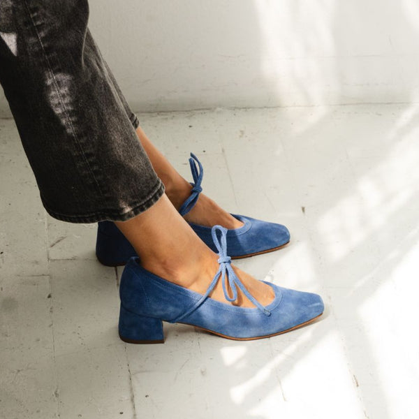 heeled ballet snipped square toe block heel bow tie royal blue suede pump