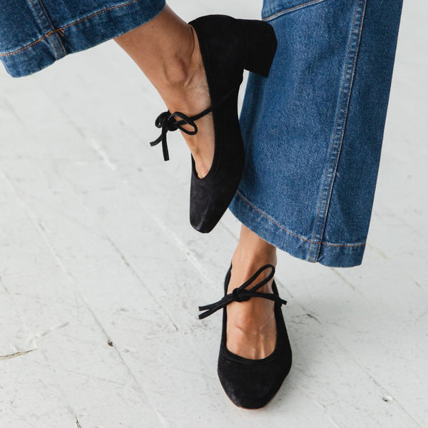 heeled ballet snipped square toe block heel bow tie black suede heel detail
