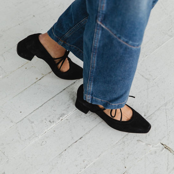heeled ballet snipped square toe block heel bow tie black suede walkable