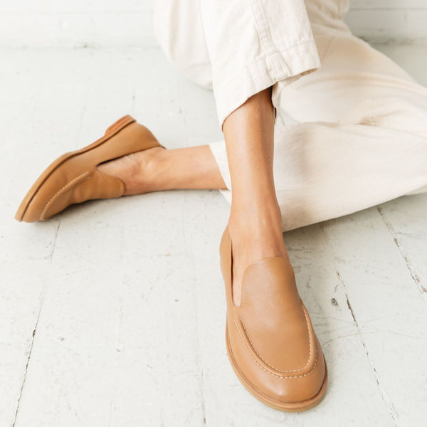 classic tan miel nude loafer slip on the row comfortable top view on foot