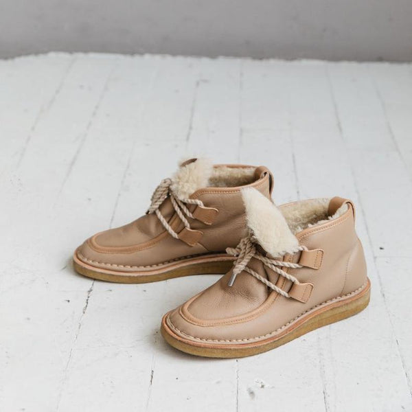 tan nude natural leather lace up shearling moccasin boot crepe sole premium detail rope lace