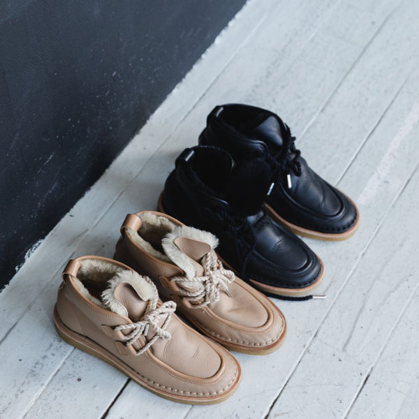 tan nude natural leather lace up shearling moccasin boot crepe sole premium side natural leather welt black