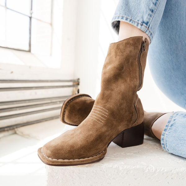 west boot taupe moss suede block heel western square toe mid boot premium