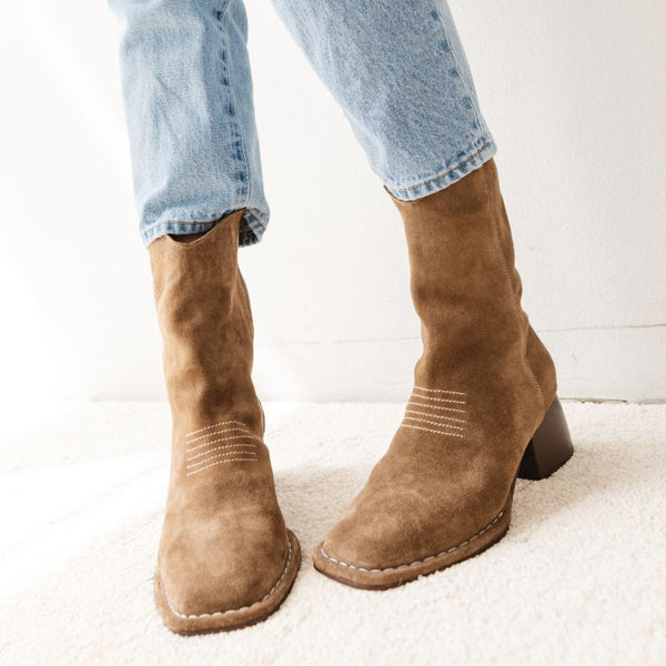 west boot taupe moss suede block heel western square toe mid boot boho