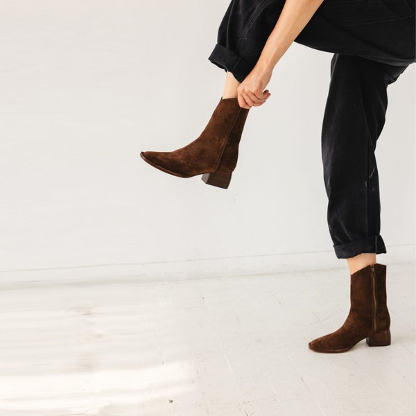 west boot brown chocolate suede block heel western square toe mid boot comfy