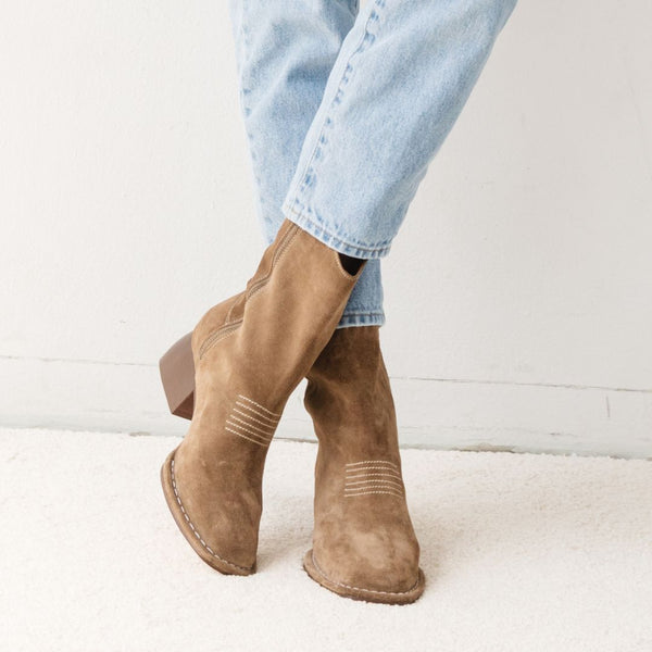 west boot taupe moss suede block heel western square toe mid boots comfortable