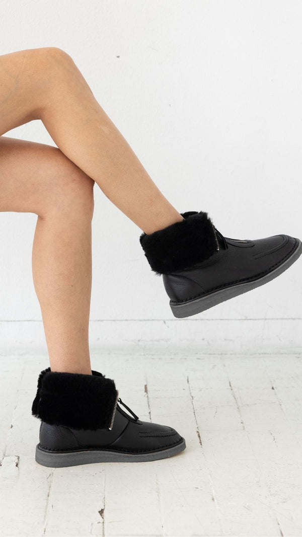 aurora chocolate leather natural shearling zip up crepe socle moccasin boot folded over