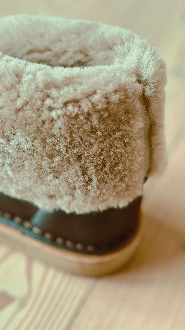 aurora chocolate leather natural shearling zip up crepe socle moccasin boot wool detail