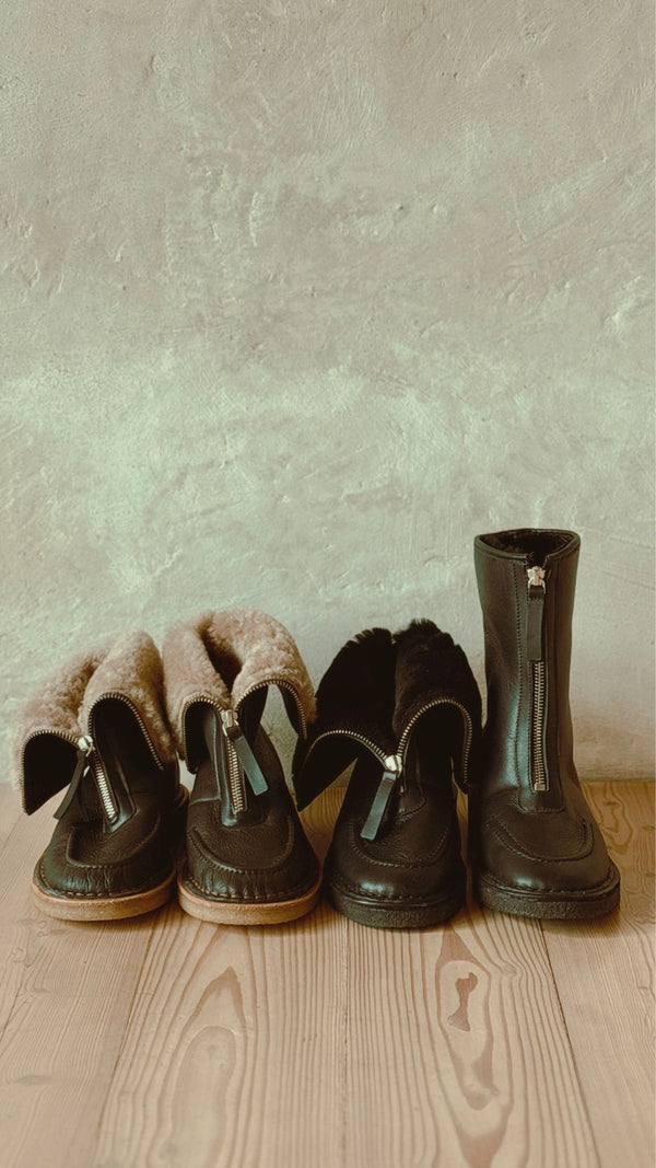 aurora chocolate leather natural shearling zip up crepe socle moccasin boot chocolate leather