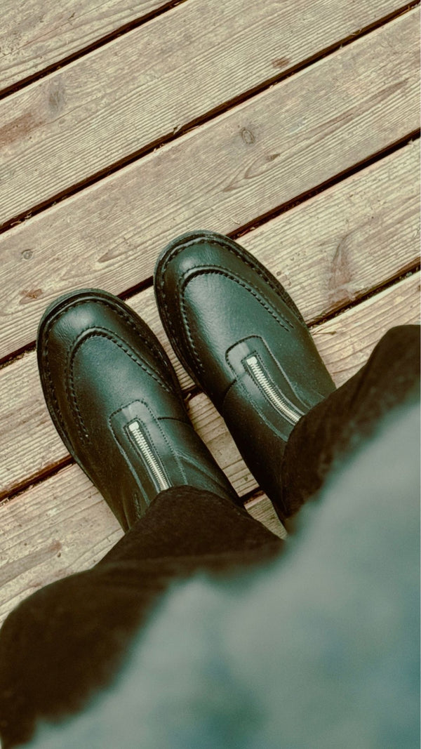 aurora chocolate leather natural shearling zip up crepe socle moccasin boot moc toe detail
