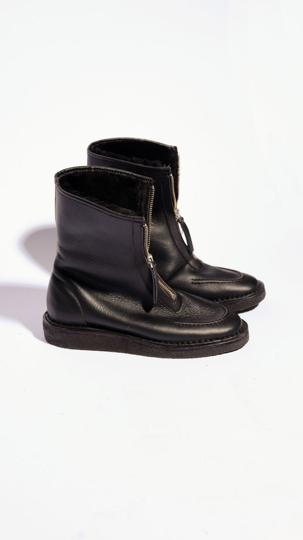 aurora chocolate leather natural shearling zip up crepe socle moccasin boot apres ski