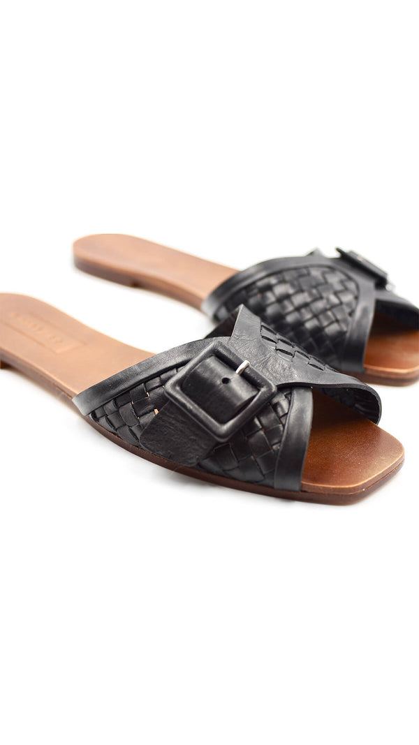 either or woven buckle slide sandal vintage handmade black dress event close up buckle