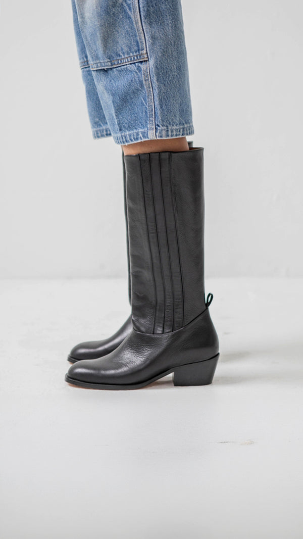 calf boot knee high tall polished italian full grain leather in black vintage stitching