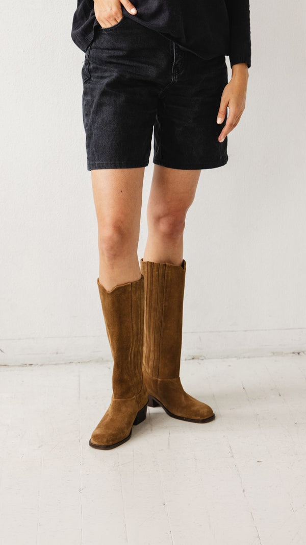 calf boot knee high tall polished italian full grain leather in tobacco tan suede equestrian horse girl