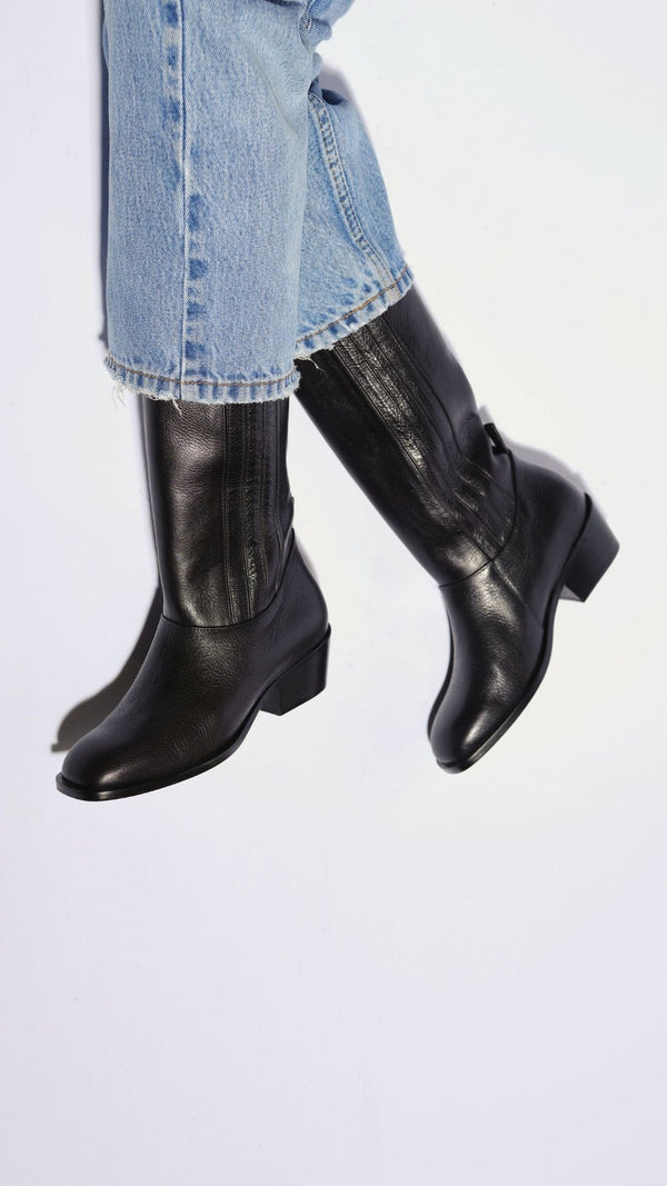 calf boot knee high tall polished italian full grain leather in black equestrian