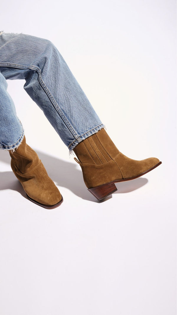 calf boot knee high tall polished italian full grain leather in tobacco tan suede premium